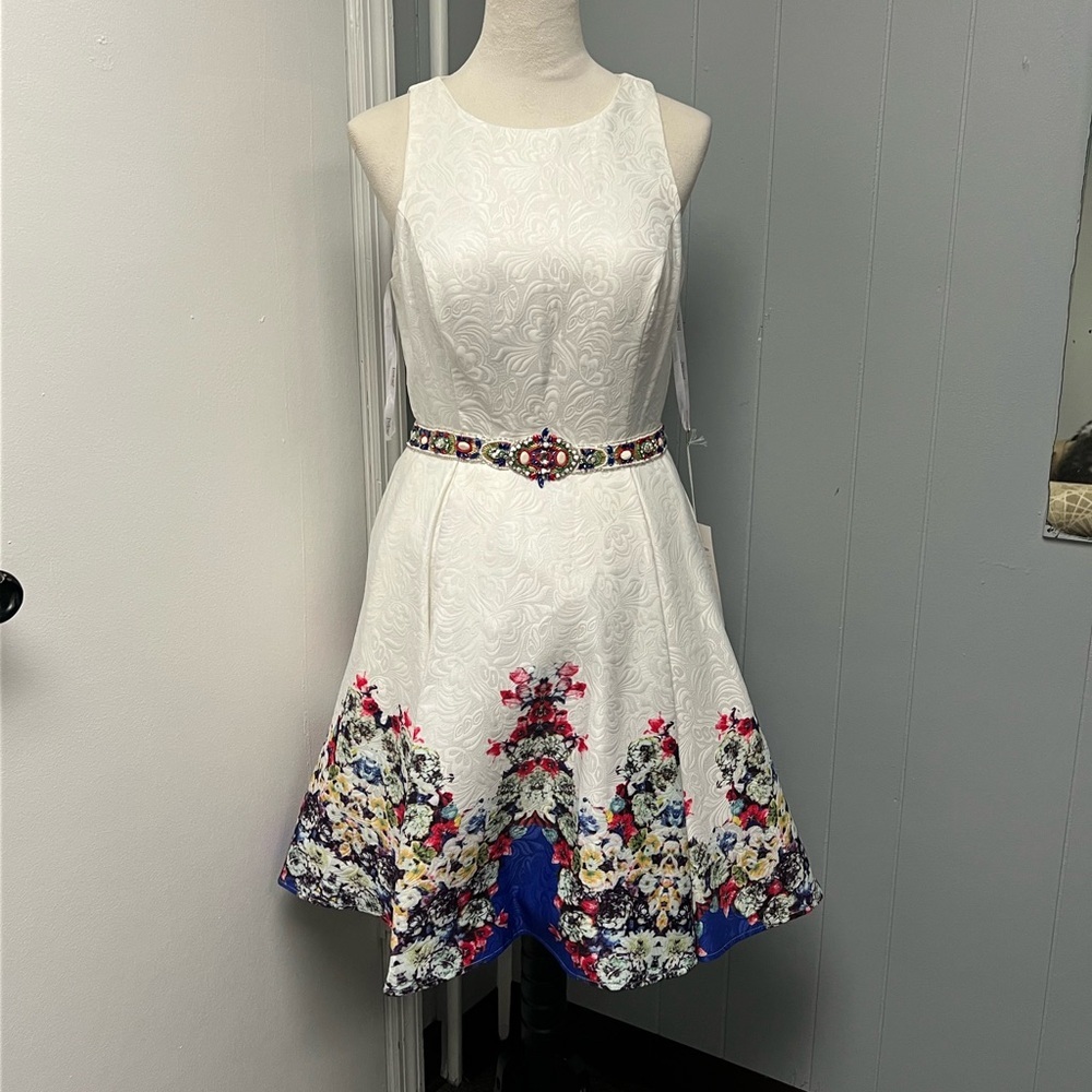 Tony Bowls Floral High Neck White Dress with Embellished belt And Floral bottom